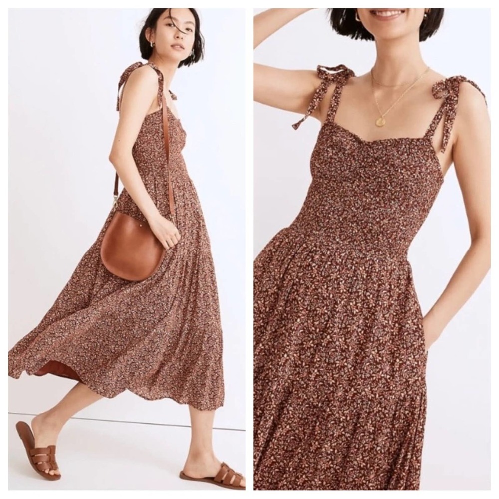 madewell - lucie tie-strap tiered midi dress sweetheart neckline floral print